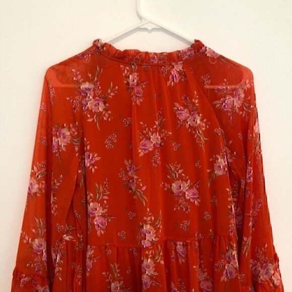 VINCE CAMUTO Floral Print Long Sleeve Split V-Neck Tiered Shift Dress Orange XS - Picture 10 of 12